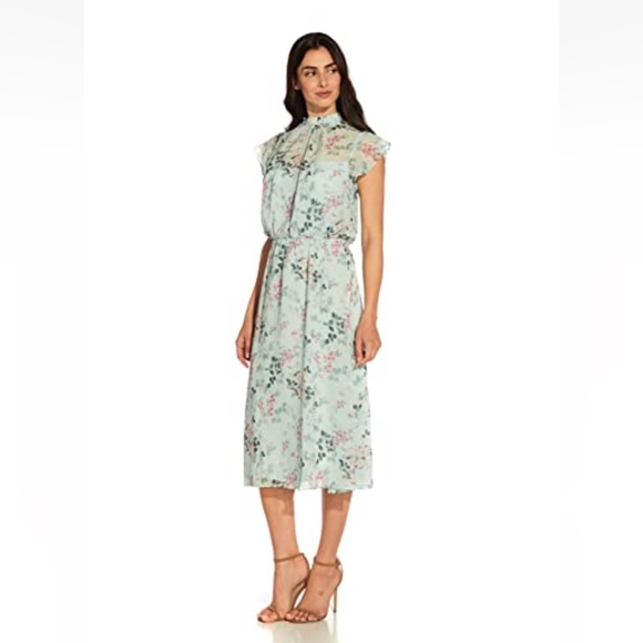 Adrianna Papell Short Printed Chiffon Dress Size 14 NWT Mint Multi Floral Spring - Picture 4 of 16